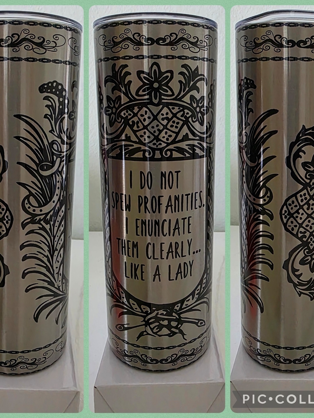 Silver Stainless Travel Tumbler with Black Script Floral Design